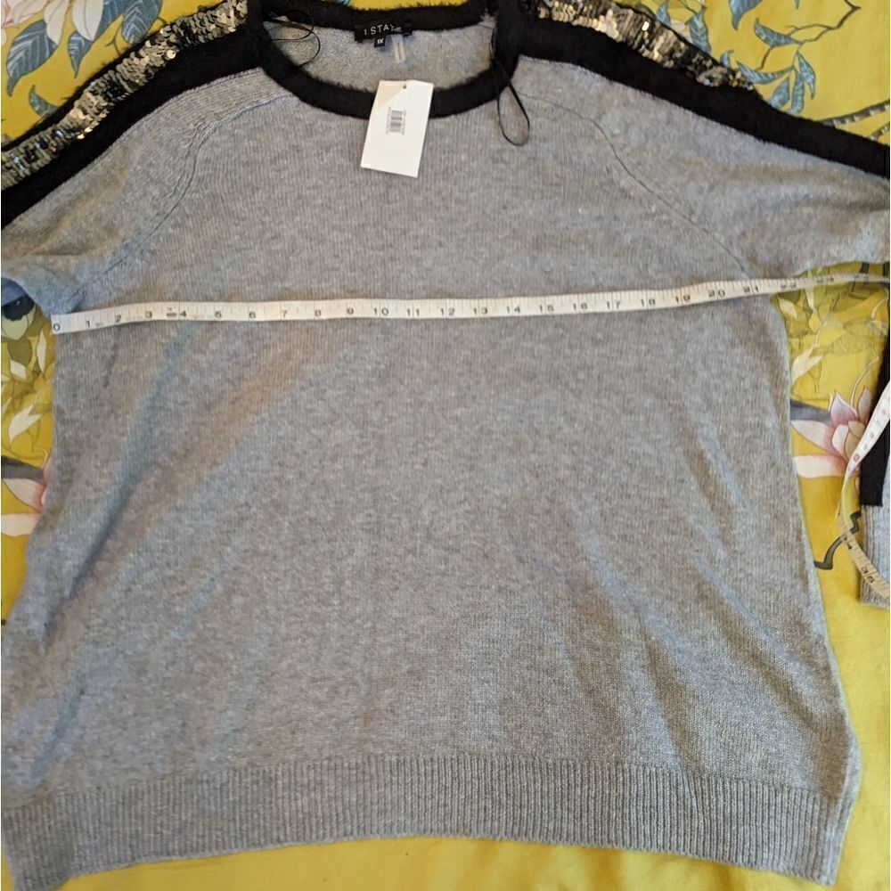 1 State grey crew neck sweater black fuzzy piping sequin stripe down arm nwt 1x - Picture 5 of 6